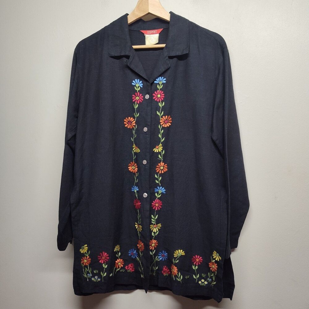 Esprit Vintage Linen Button Down Shirt Women M Black Floral Embroidered Cottage